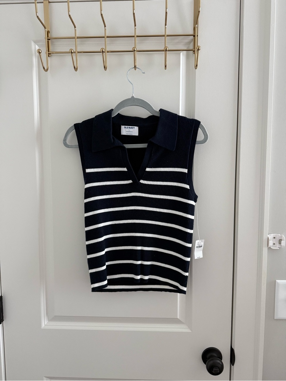 Old Navy Navy and White Striped Sleeveless Polo Tank
